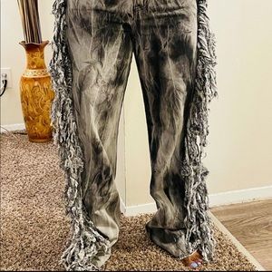 Fringe trim tie dye straight Jeans